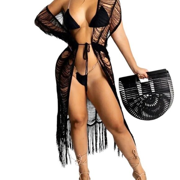 Distressed Tie Waist Short Sleeve Fringe Knit Cover Up Robe Womens XXL Black - Picture 3 of 15